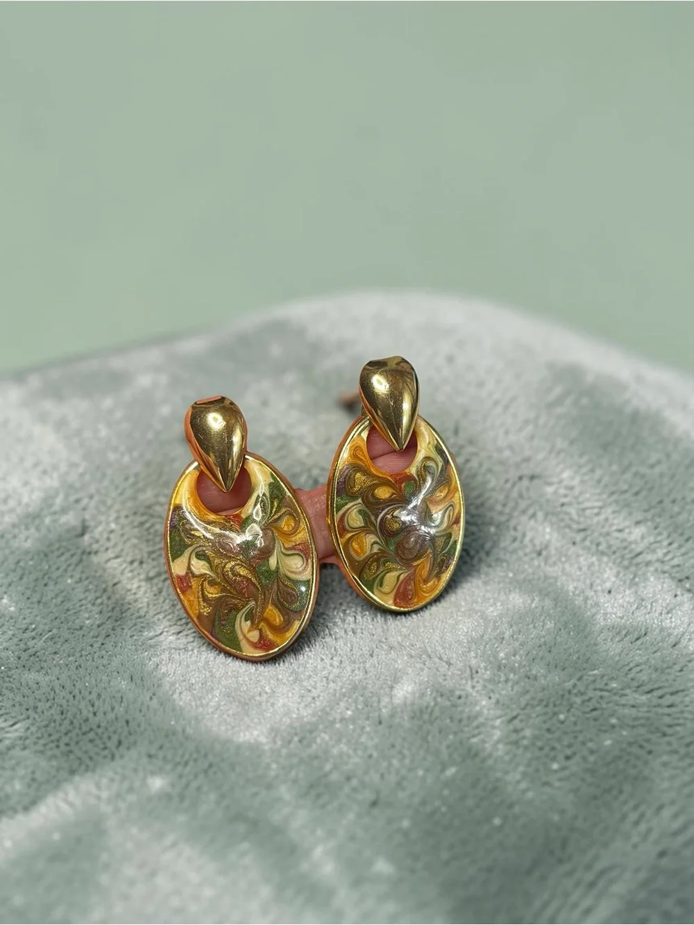 Vintage Gold Tone Marbled Enamel Door Knocker Earrings Fall Colors
